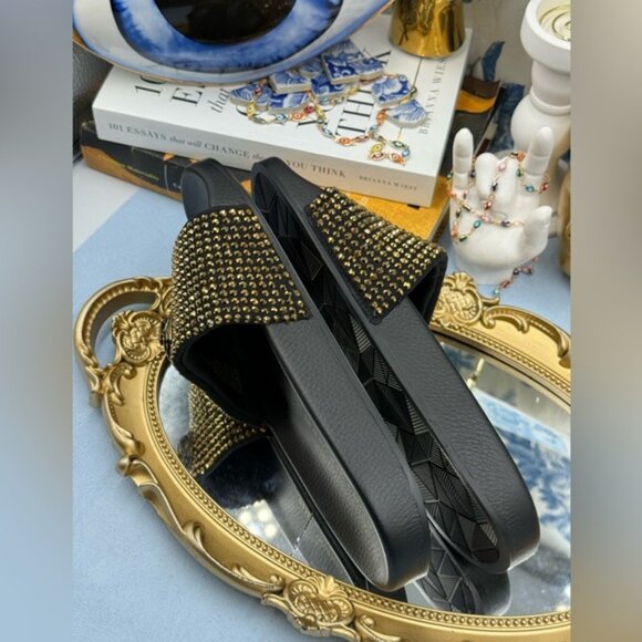 🆕 KURT GEIGER LONDON 🧿 NWOB Meena Eagle Black & Gold Studded Slide, Sz 6.5 - Picture 11 of 13